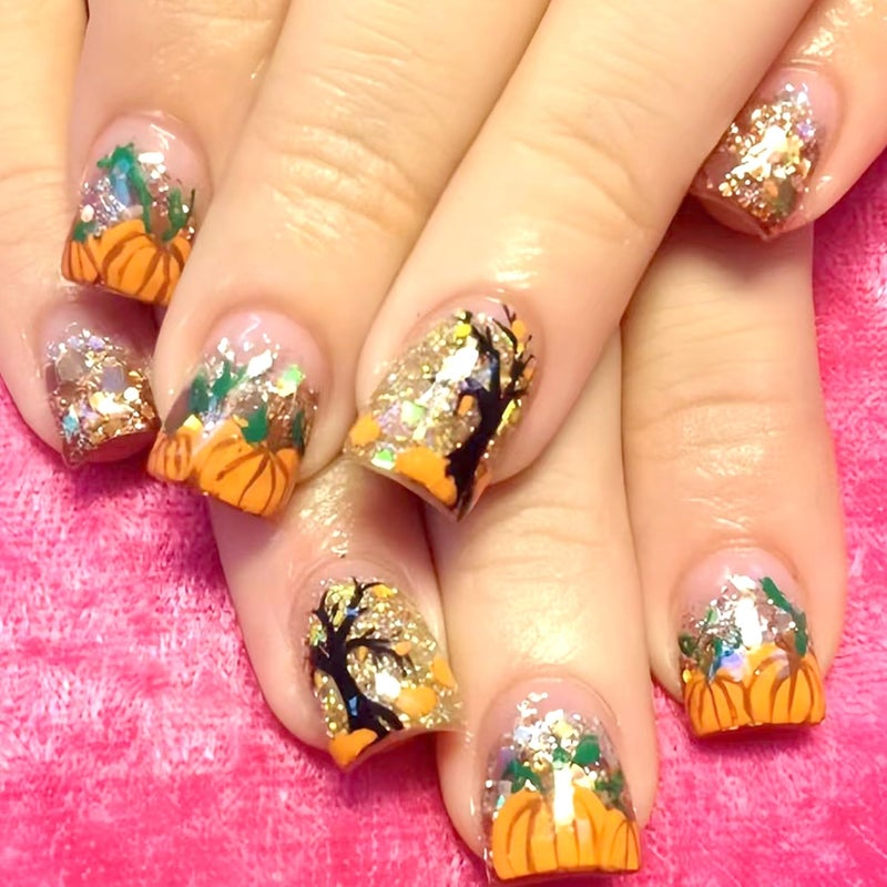 CJDLTS Thanksgiving Press on Nails Short Square Fall False Nail Pumpkin Glitter Sequins Pattern Acrylic Fingernails Full Cover Glossy Festival Stick on Nail Press Ons Reusable Autumn Glue on Nails for Women - Image 1